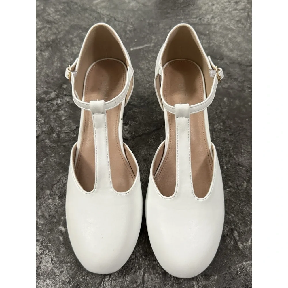 Peijely Womens T Strap Mary Jane Chunky Block Heel Dress Shoes White Sz 10 10.5